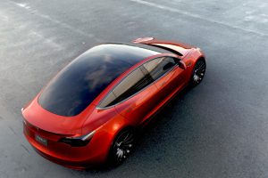 Tesla Model 3 rot Dach von oben und Seite 2016